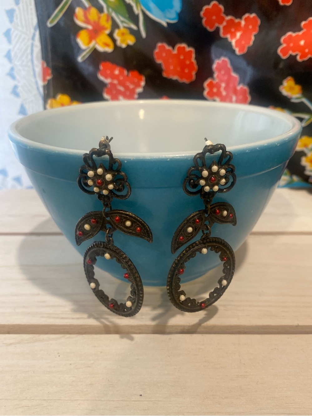 Filigree Floral Drop Earrings with Red and White Accents